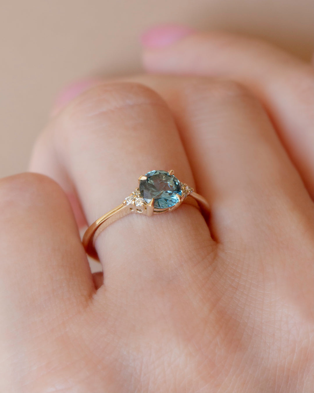 Teal Blue Green Montana Sapphire Solitaire Ring w/ Diamonds Accents 14K Gold, Teal Sapphire Engagement Ring