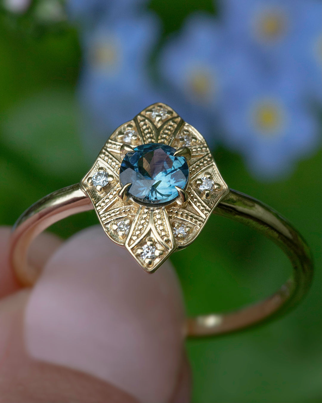 Art Deco Montana Sapphire Ring 14K Gold,Art Deco Engagement Ring Vintage,Teal Sapphire Engagement Ring