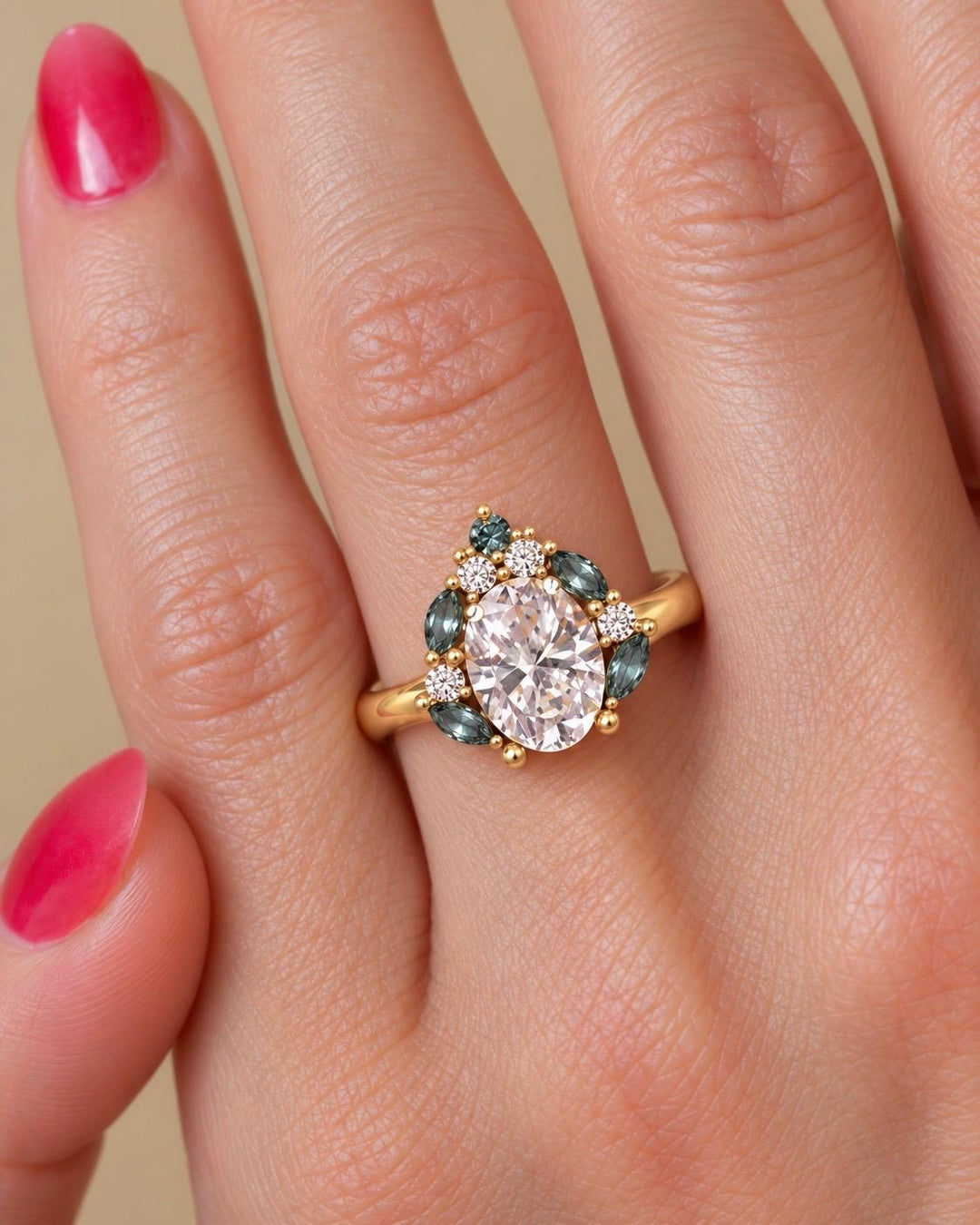 Oval Lab Grown Diamond and Greyish Green Sapphire Engagement Ring in 14K Gold Unique Diamond Cluster Ring