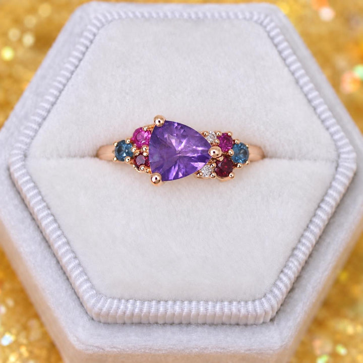 Trillion Cut Purple Sapphire Multi Stone Cluster Engagement Ring in 14K Gold