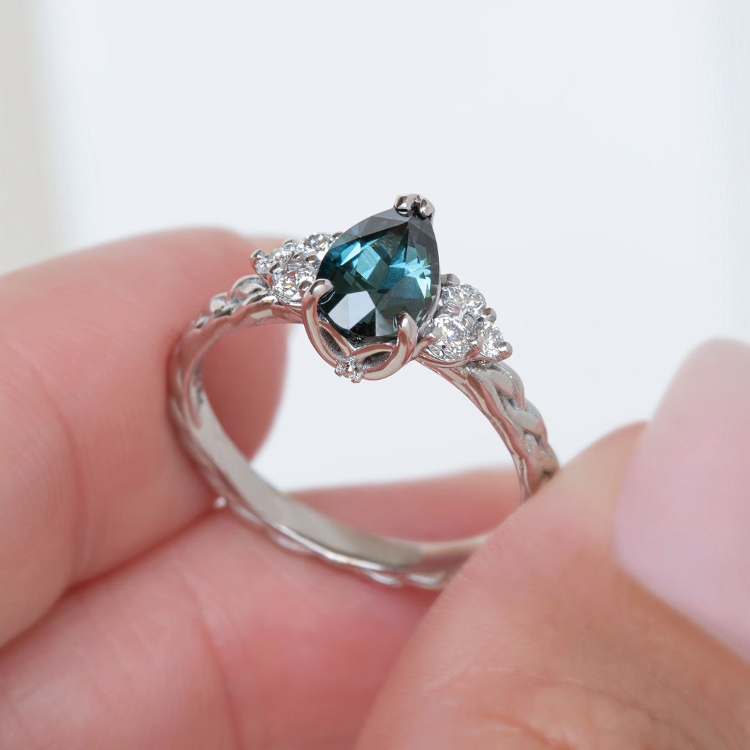 Teal Pear Sapphire and Diamond Engagement Ring with Celtic Knot Band 14K Gold