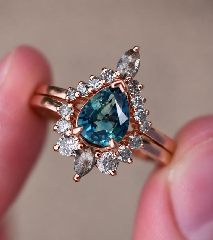 Pear Cut Blue Green Sapphire Engagement Ring Set with Salt and Pepper Diamond Wedding Band in 14K Gold