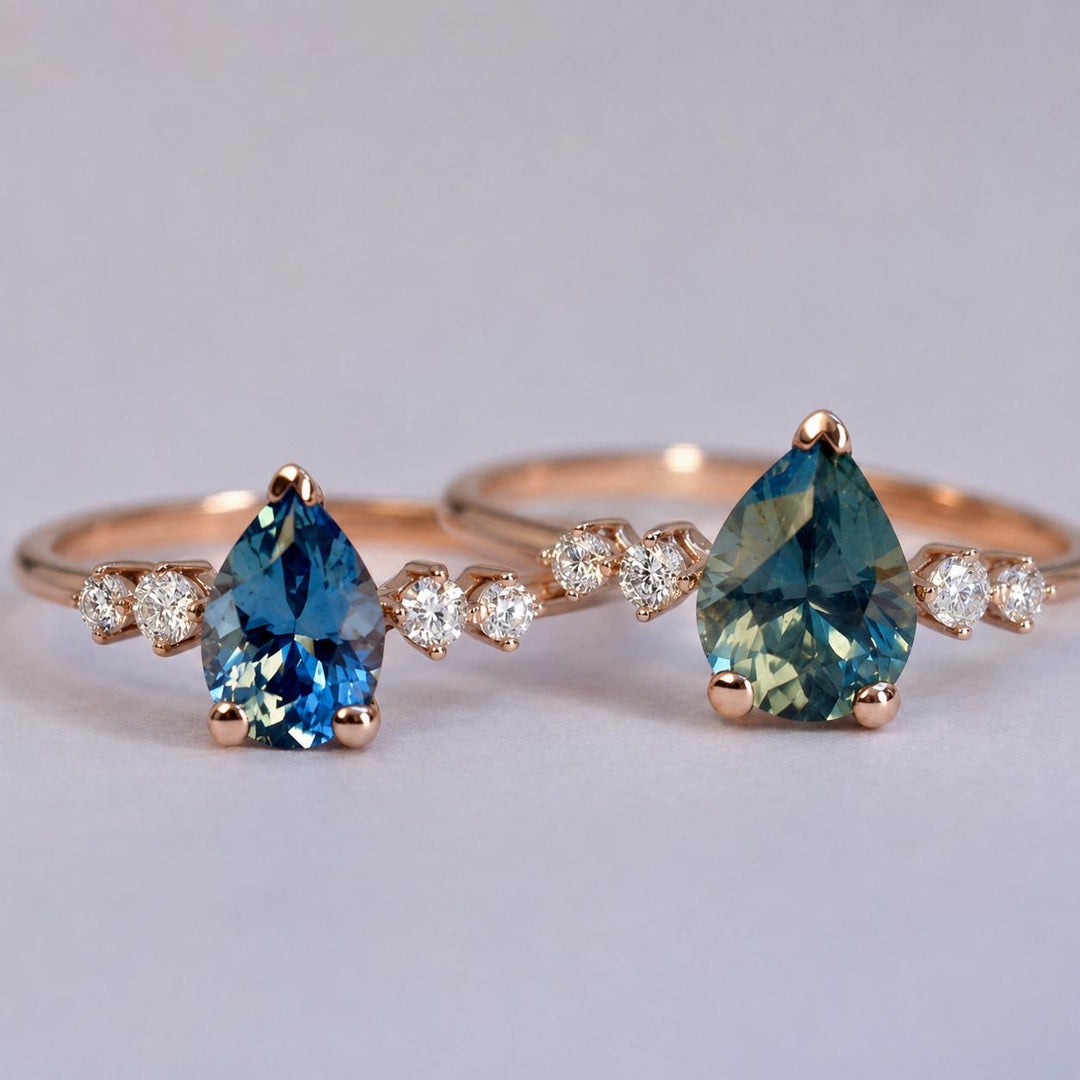 Pear Cut Blue Green Montana Sapphire and Diamond Engagement Ring in 14K Gold