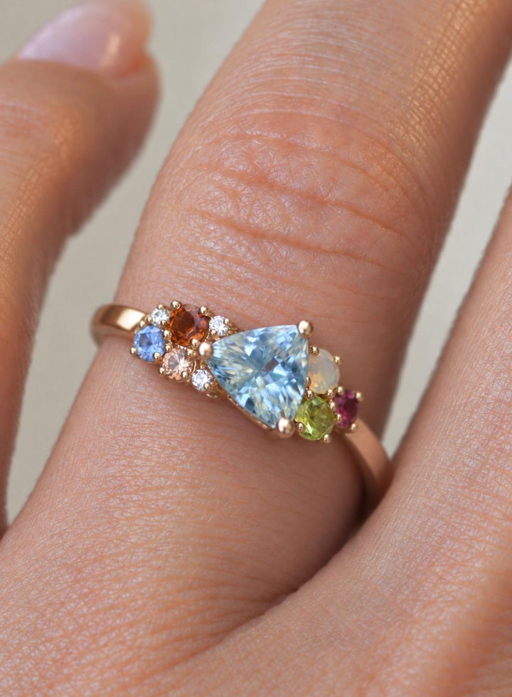 Trillion Cut Aqua Blue Aquamarine Multi Stone Cluster Engagement Ring in 14K Gold