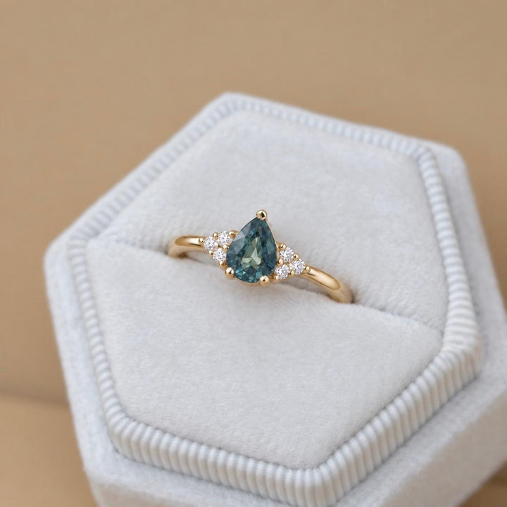 Pear Cut Teal Montana Sapphire and Diamond Engagement Ring in 14K Gold Natural Blue Green Sapphire Ring