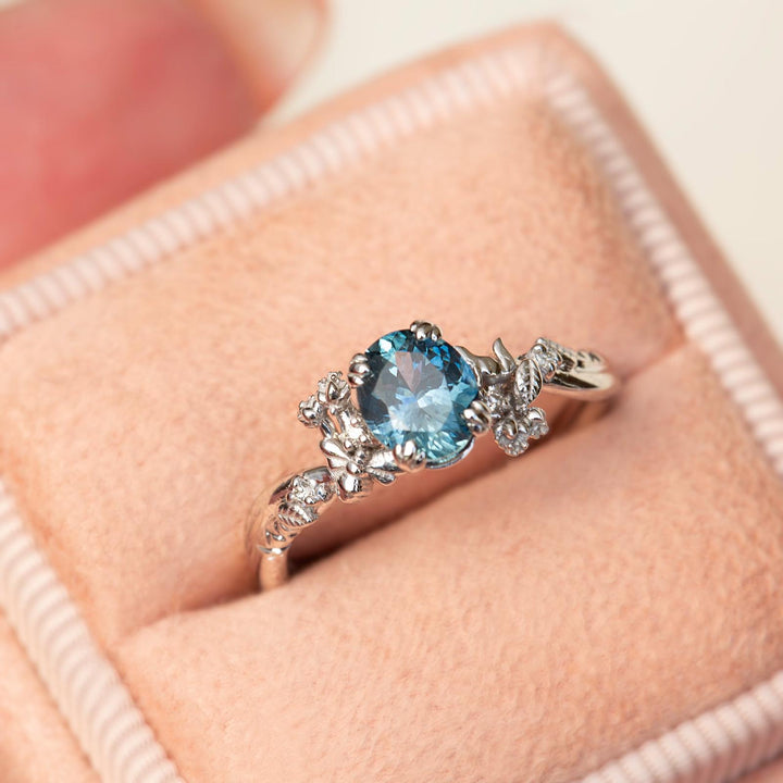 Nature Inspired Bee Fox and Dinosaur Engagement Ring w/ Oval Montana Sapphire 14K Gold