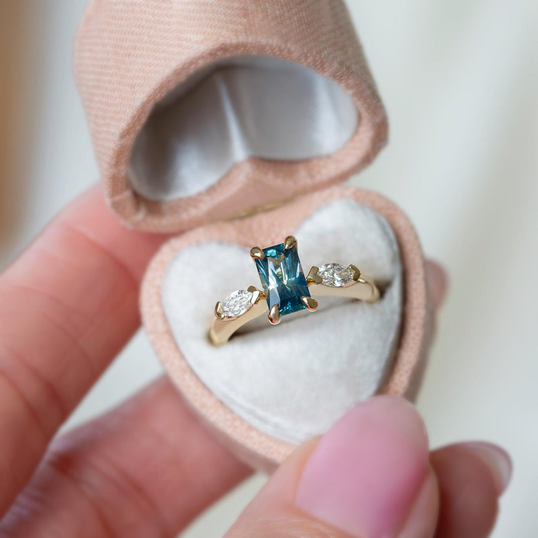 Three Stone Montana Sapphire Engagement Ring – Teal Sapphire and Diamond Ring in 14K Gold