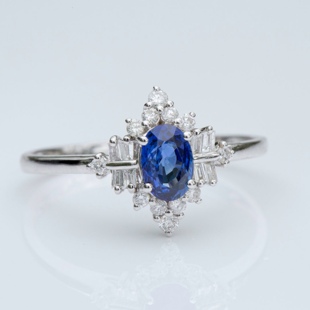 Blue Sapphire Engagement Ring with Diamonds 18K White Gold, Art Deco Style Ring