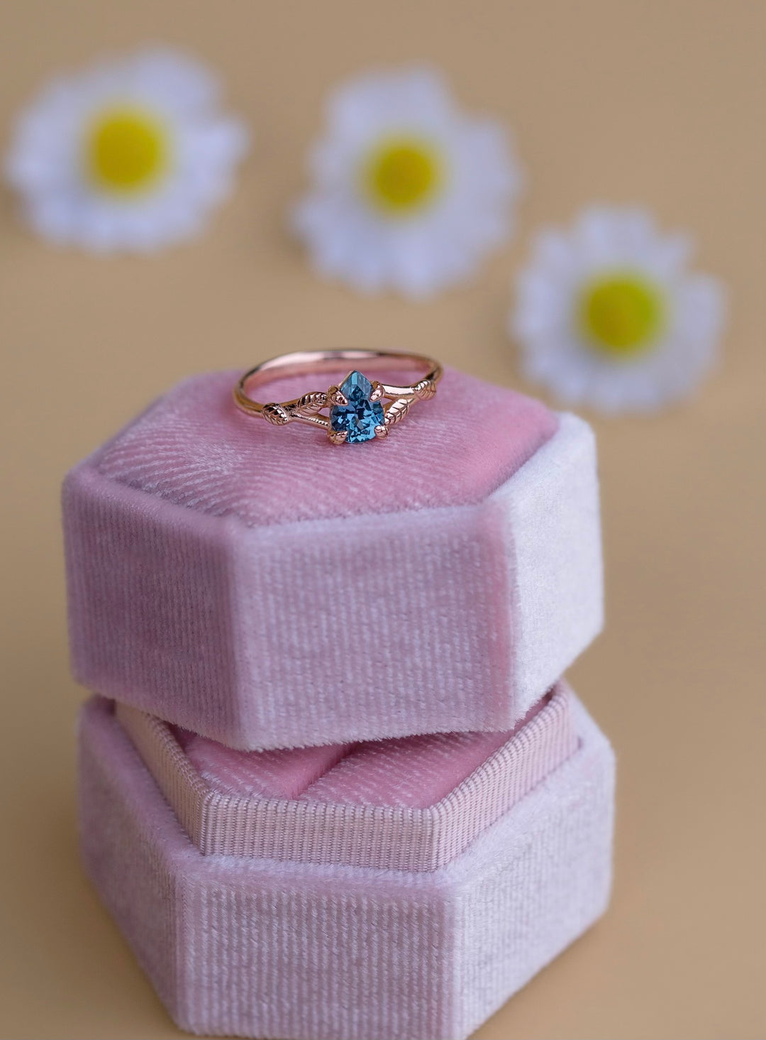 Leaf Engagement Ring with Teal Montana Sapphire 14K Gold