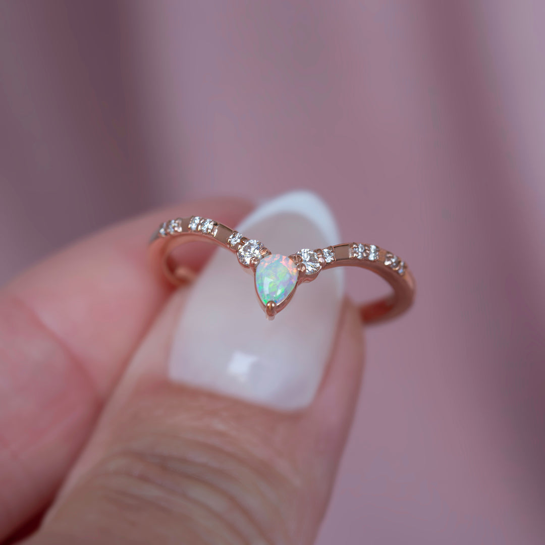Contour Opal and Diamond Wedding Band 14K Gold