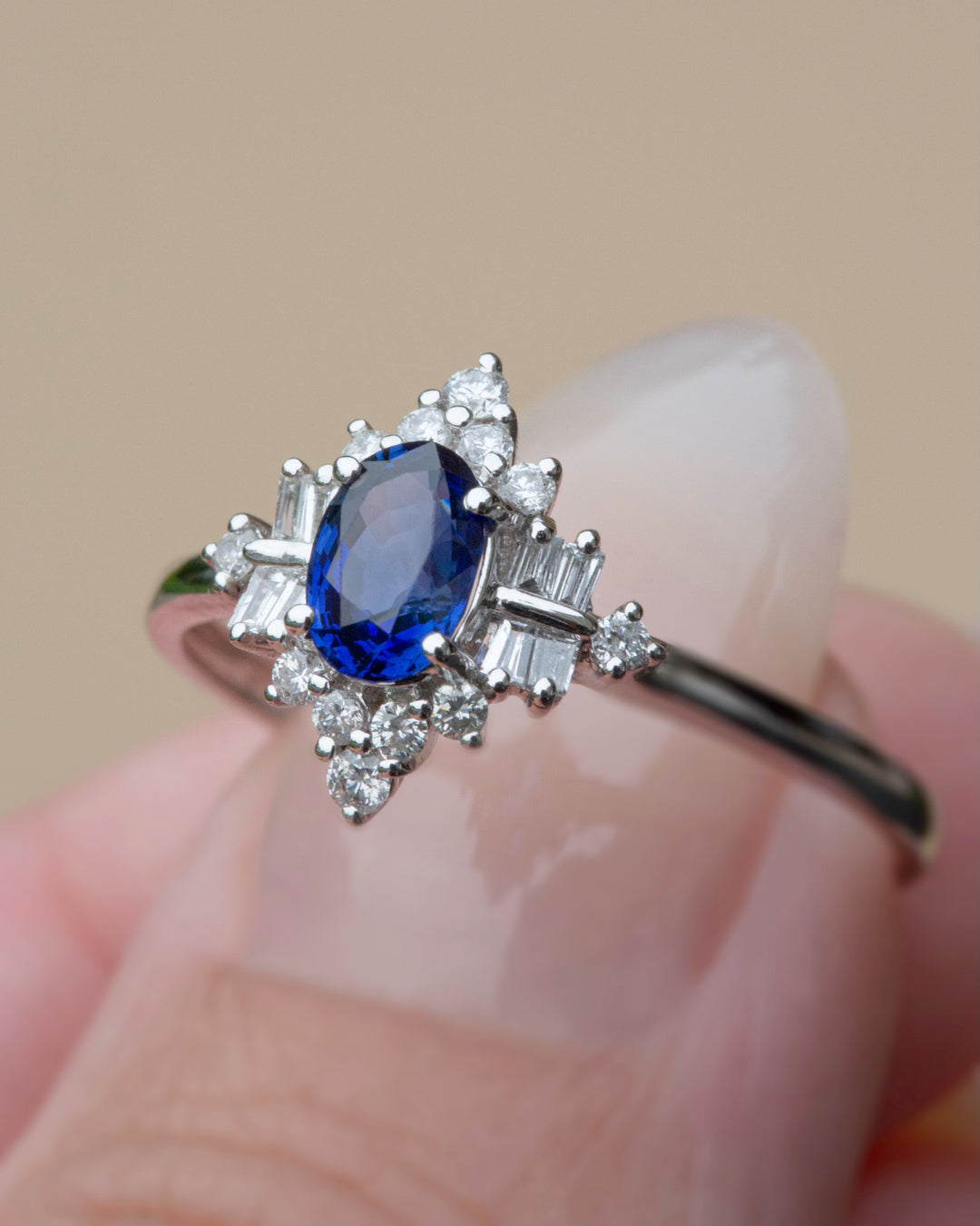 Blue Sapphire Engagement Ring with Diamonds 18K White Gold, Art Deco Style Ring