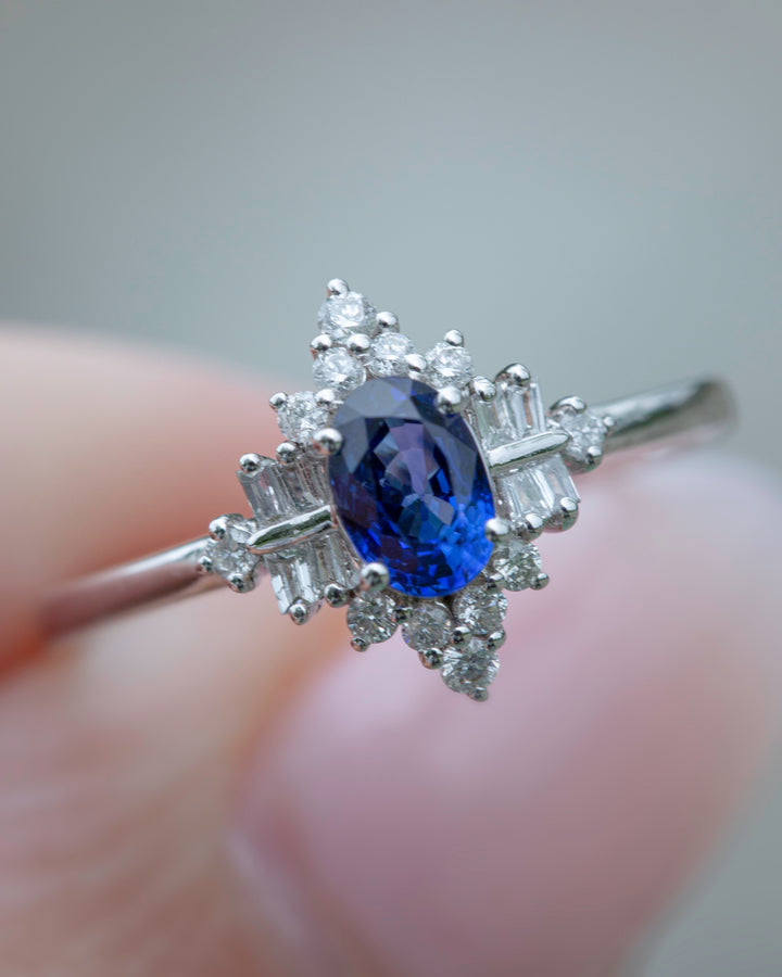 Blue Sapphire Engagement Ring with Diamonds 18K White Gold, Art Deco Style Ring