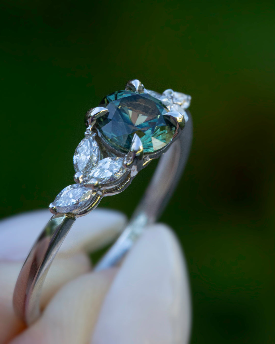 Teal Montana Sapphire Ring with Marquise Diamonds 14K White Gold, Cluster Engagement Ring