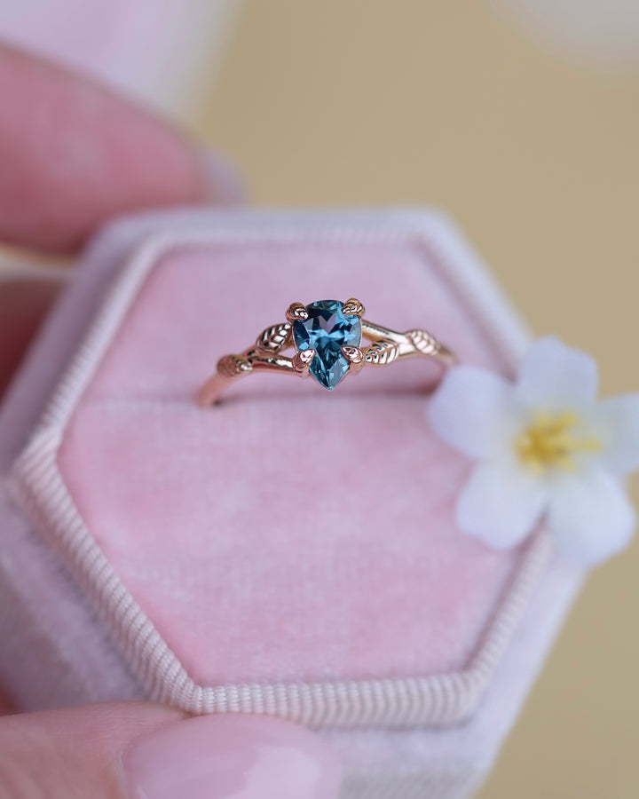 Leaf Engagement Ring with Teal Montana Sapphire 14K Gold