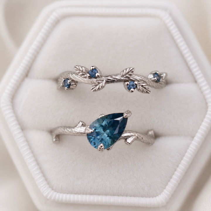 Twig Leaf Engagement Ring Set with Pear Cut Teal Blue Montana Sapphire in 14K Gold