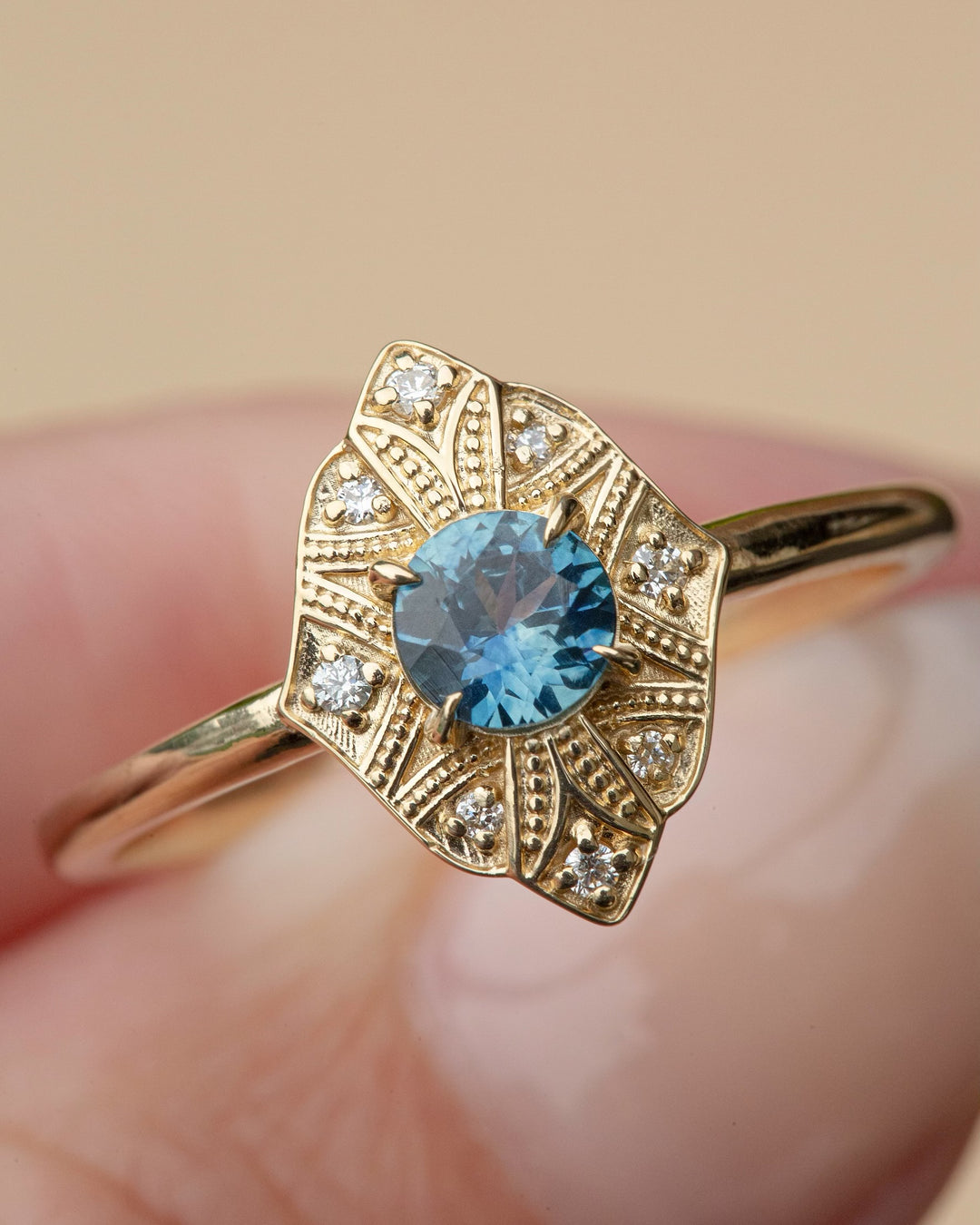 Art Deco Montana Sapphire Ring 14K Gold,Art Deco Engagement Ring Vintage,Teal Sapphire Engagement Ring