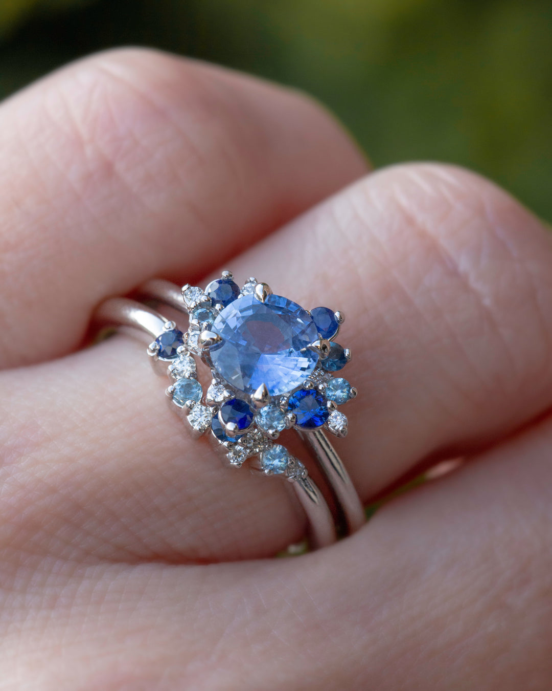 Round Blue Sapphire Diamond Ring Set 14K Gold,Blue Sapphire Cluster Engagement Ring Set