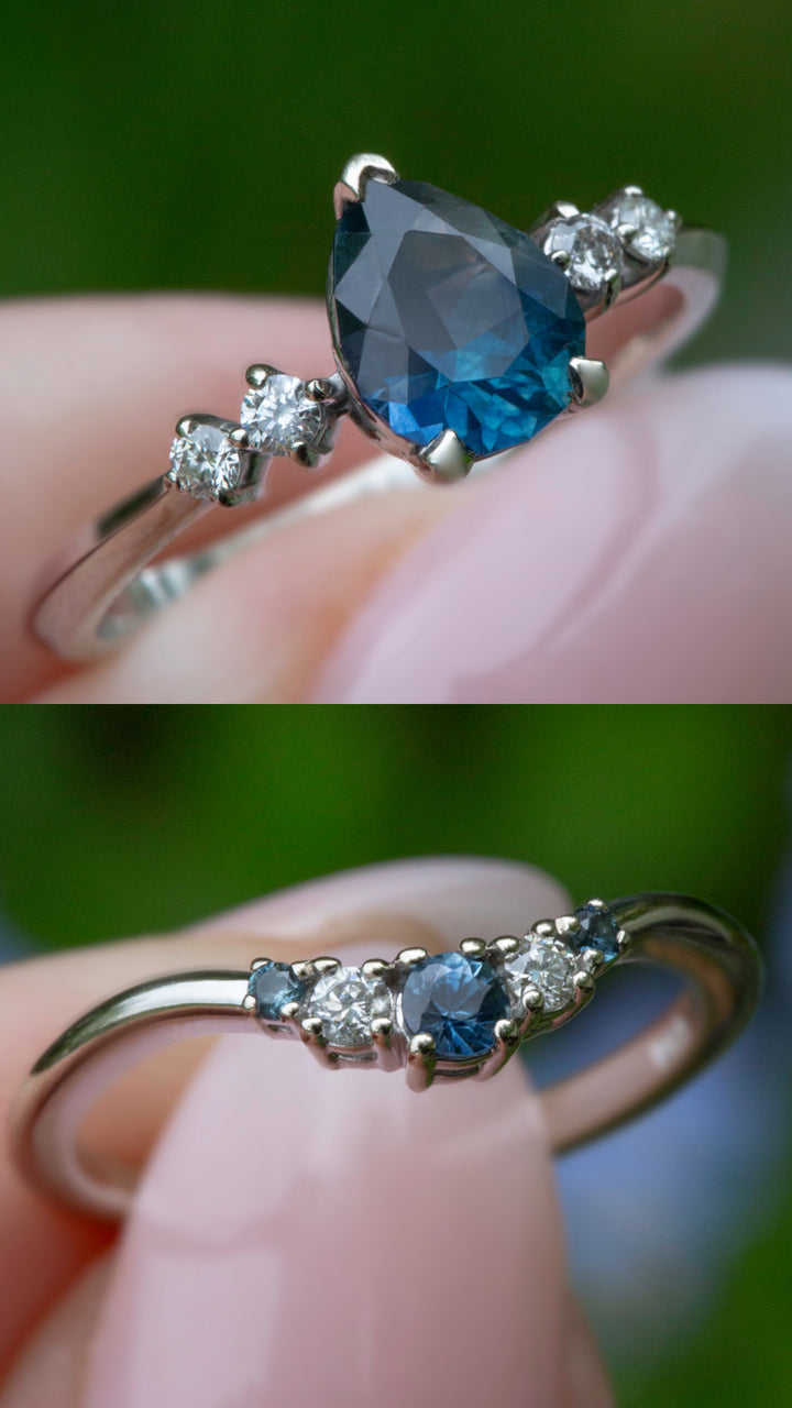 Teal Pear Blue Montana Sapphire Engagement Ring Set 14K White Gold
