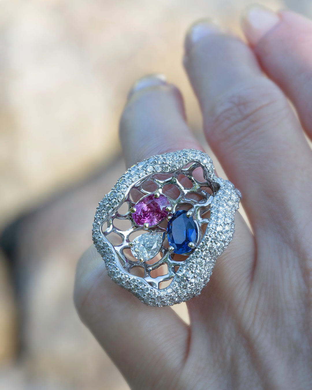 Fancy Sapphire and Diamond Cocktail Ring with Blue Sapphire,Pink Sapphire in 14K White Gold