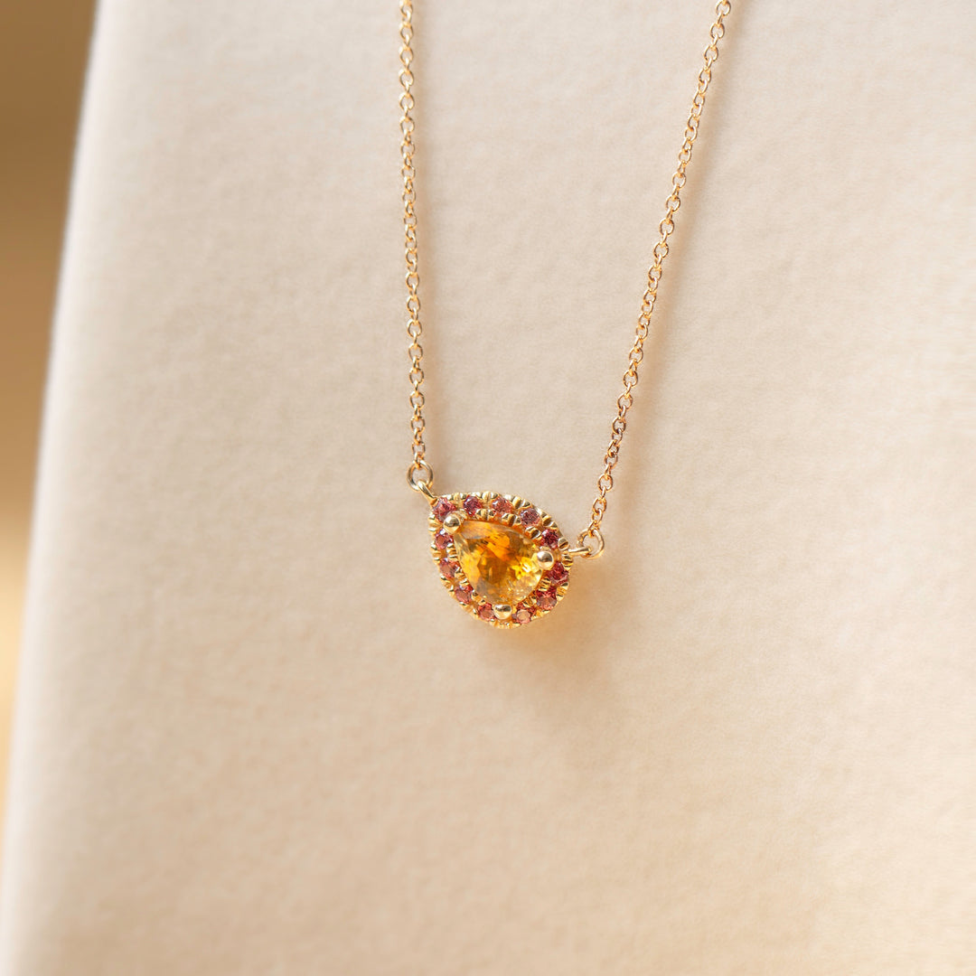 Orange Pear Shaped Montana And Padparadscha Sapphire Necklace Pendant 14K Gold