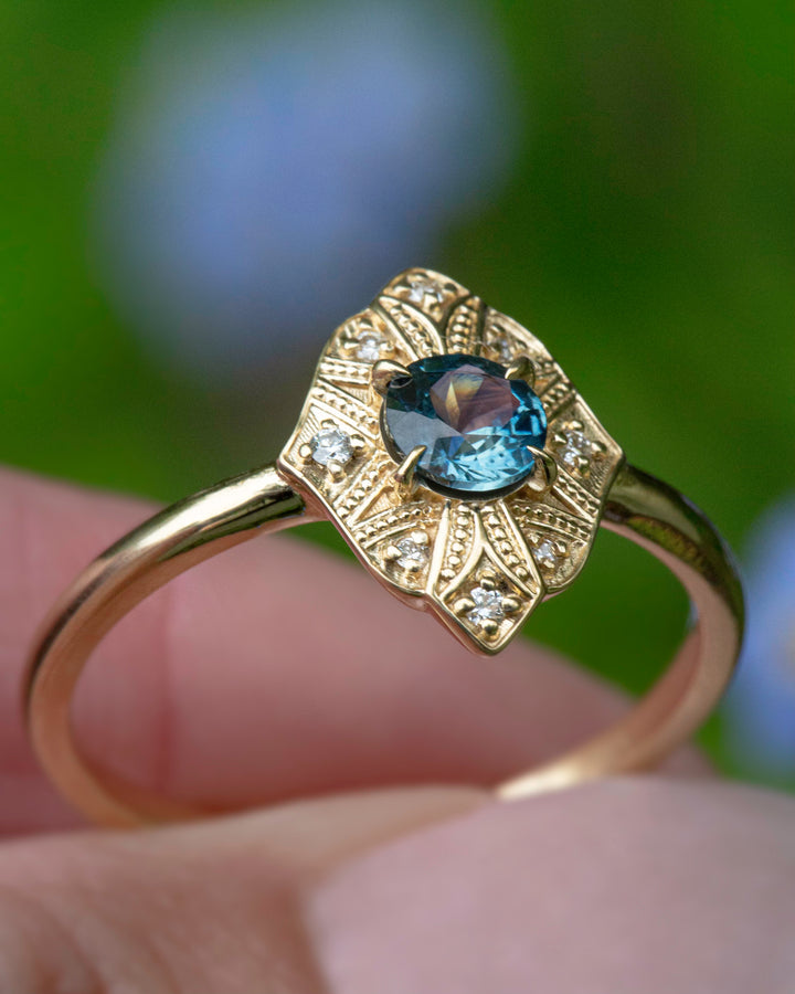 Art Deco Montana Sapphire Ring 14K Gold,Art Deco Engagement Ring Vintage,Teal Sapphire Engagement Ring