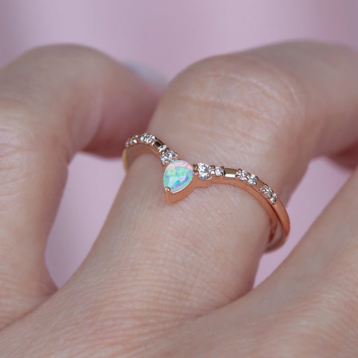 Contour Opal and Diamond Wedding Band 14K Gold