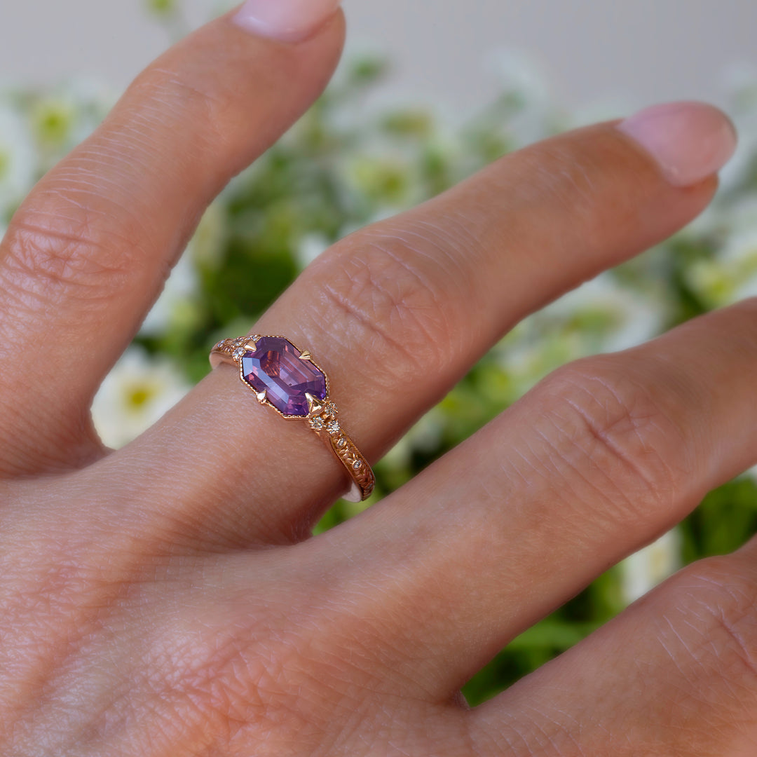 Emerald Cut Opalescent Pink Sapphire Floral Engagement Ring – Hand Carved Nature Inspired Ring 14K Gold
