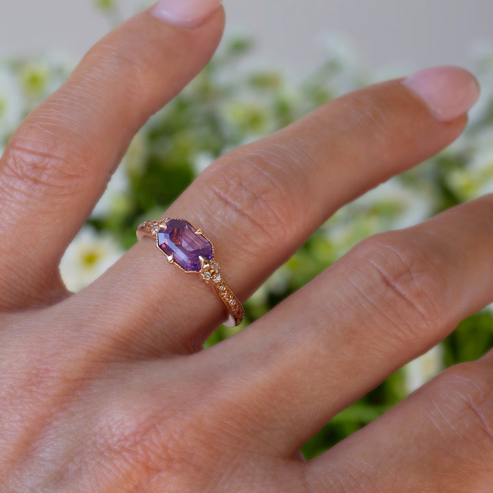 Emerald Cut Opalescent Pink Sapphire Floral Engagement Ring – Hand Carved Nature Inspired Ring 14K Gold