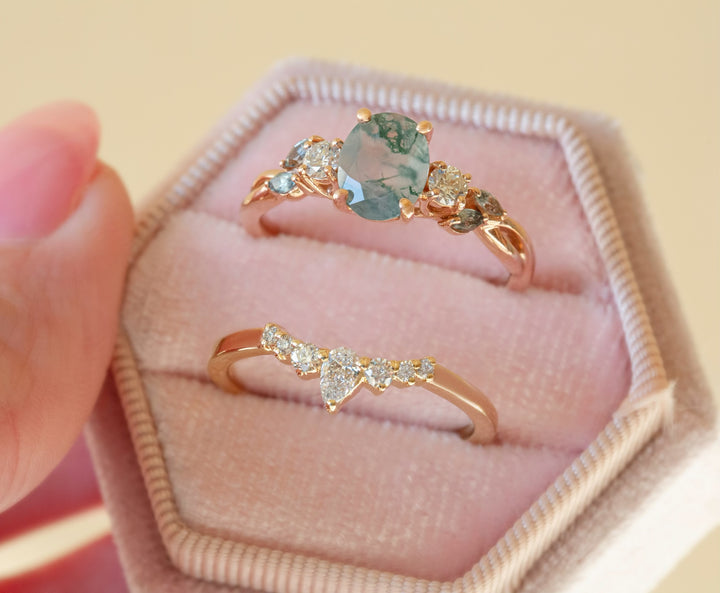 Nature Inspired Moss Agate Engagement Ring w/ Diamonds and Marquise Green Sapphires 14K Gold