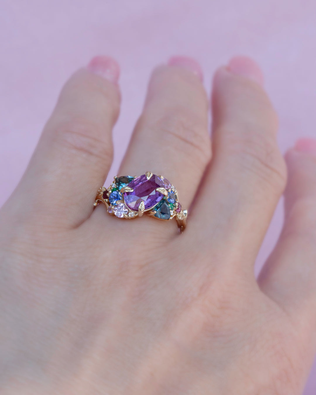 “Tara” Purple Sapphire Cluster Ring 14K Rose Gold,Tsavorite Garnet Ring,Floral Engagement Ring