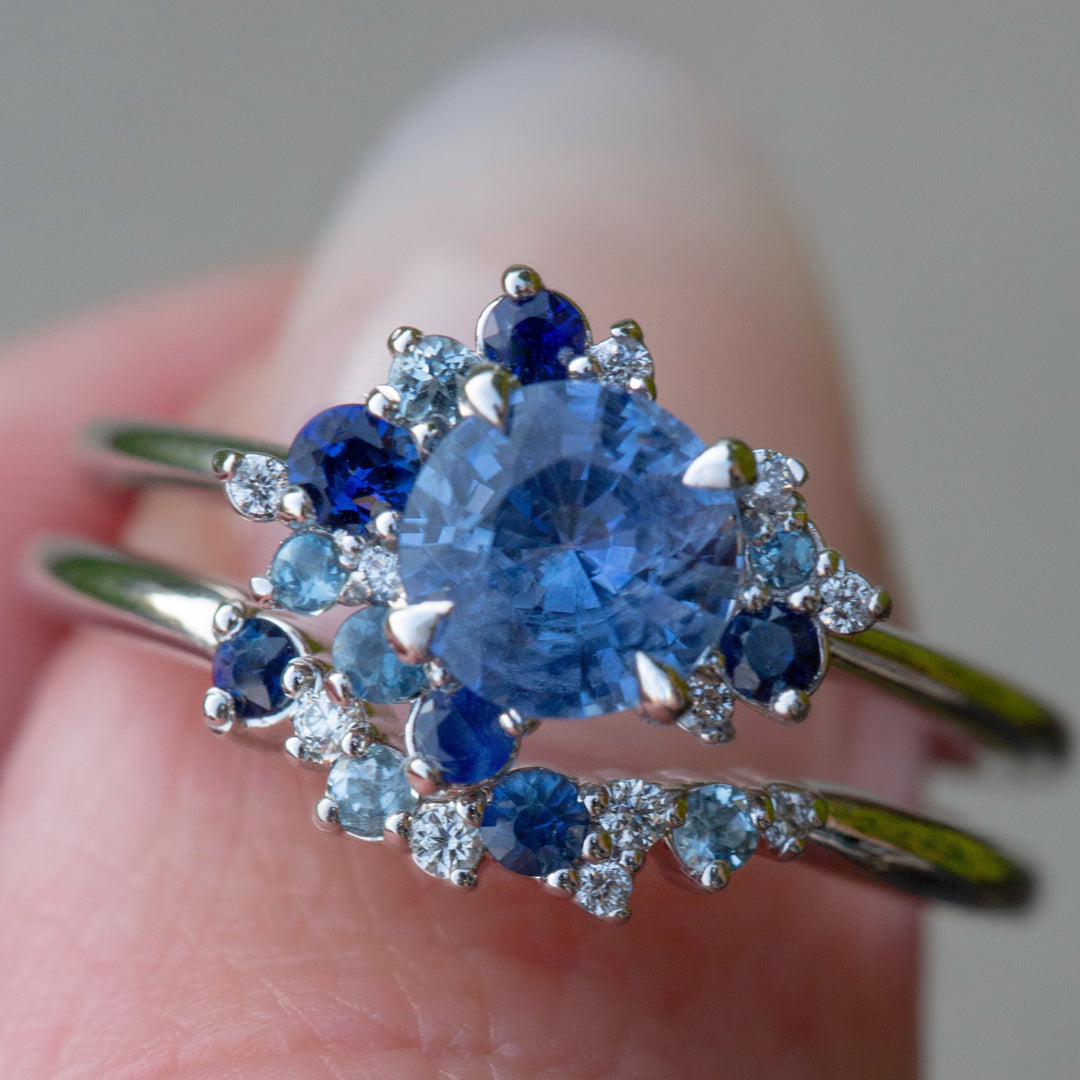 Round Blue Sapphire Diamond Ring Set 14K Gold,Blue Sapphire Cluster Engagement Ring Set