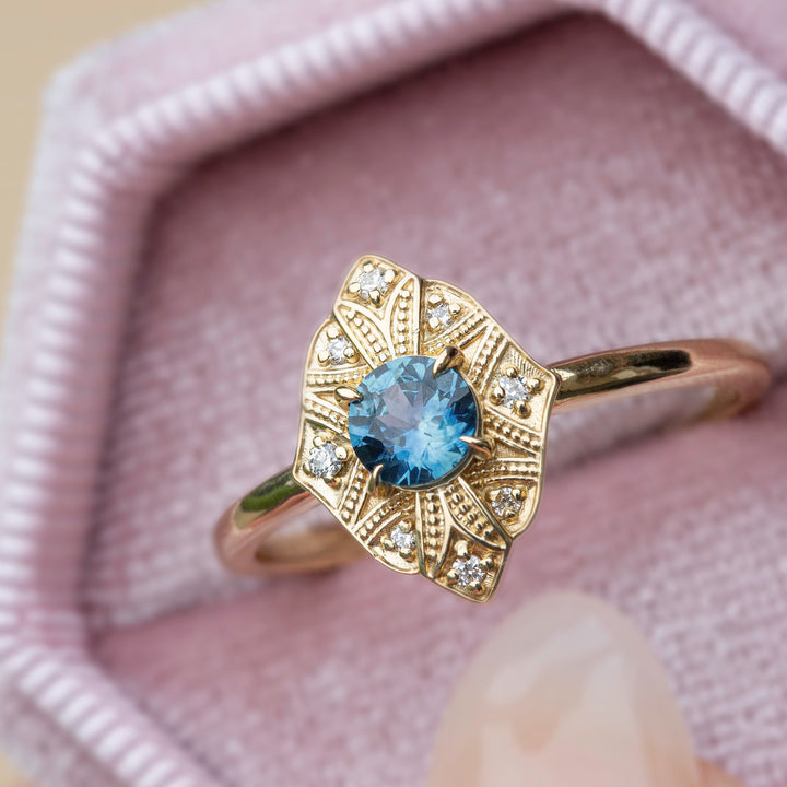 Art Deco Montana Sapphire Ring 14K Gold,Art Deco Engagement Ring Vintage,Teal Sapphire Engagement Ring