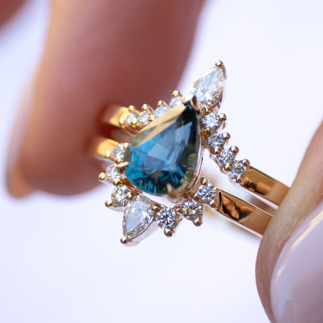 Teal Sapphire and Diamond Engagement Ring Set, Pear Shape Sapphire Nesting Ring