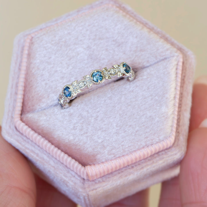 Nature Inspired Montana Sapphire Wedding Band – Teal Blue Sapphire and Diamond Leaf Ring in 14K Gold