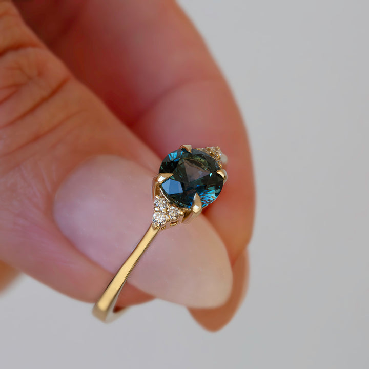 Teal Blue Green Montana Sapphire Solitaire Ring w/ Diamonds Accents 14K Gold, Teal Sapphire Engagement Ring