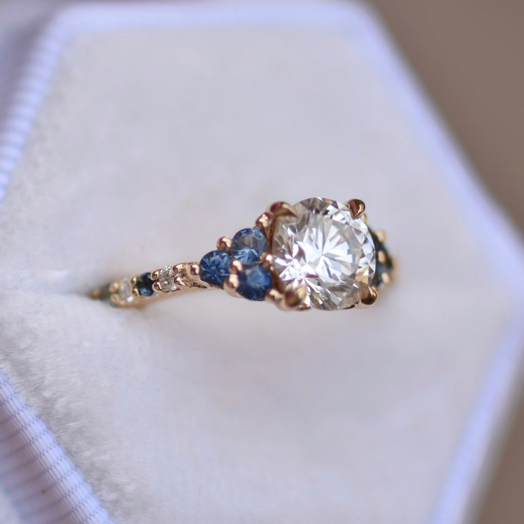 Nature Inspired Floral Diamond and Sapphire Engagement Ring 14K Gold