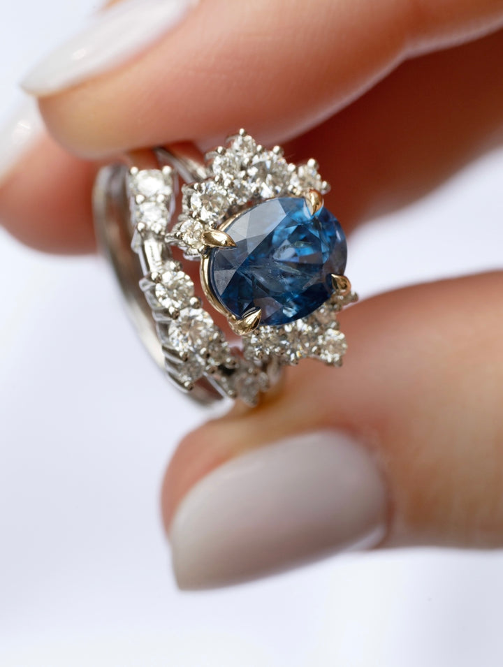 Oval Blue Sapphire Cluster Engagement Ring Set 14K Gold