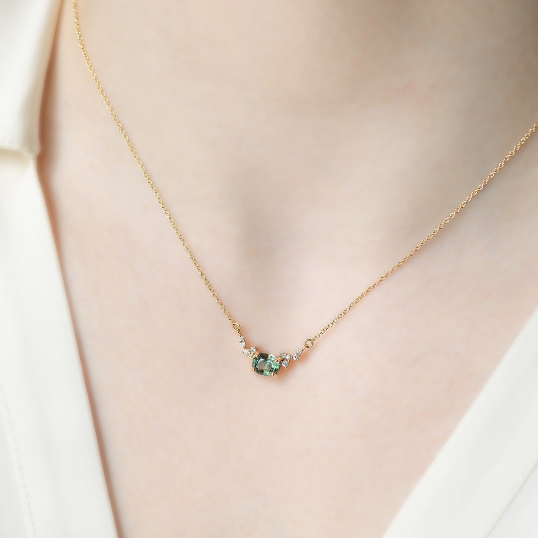 Green Montana Sapphire and Diamond Cluster Necklace 14K Gold