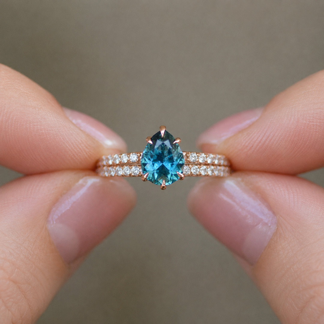 Pear Cut Teal Montana Sapphire Hidden Halo Engagement Ring Set with Matching Diamond Wedding Band in 14K Gold