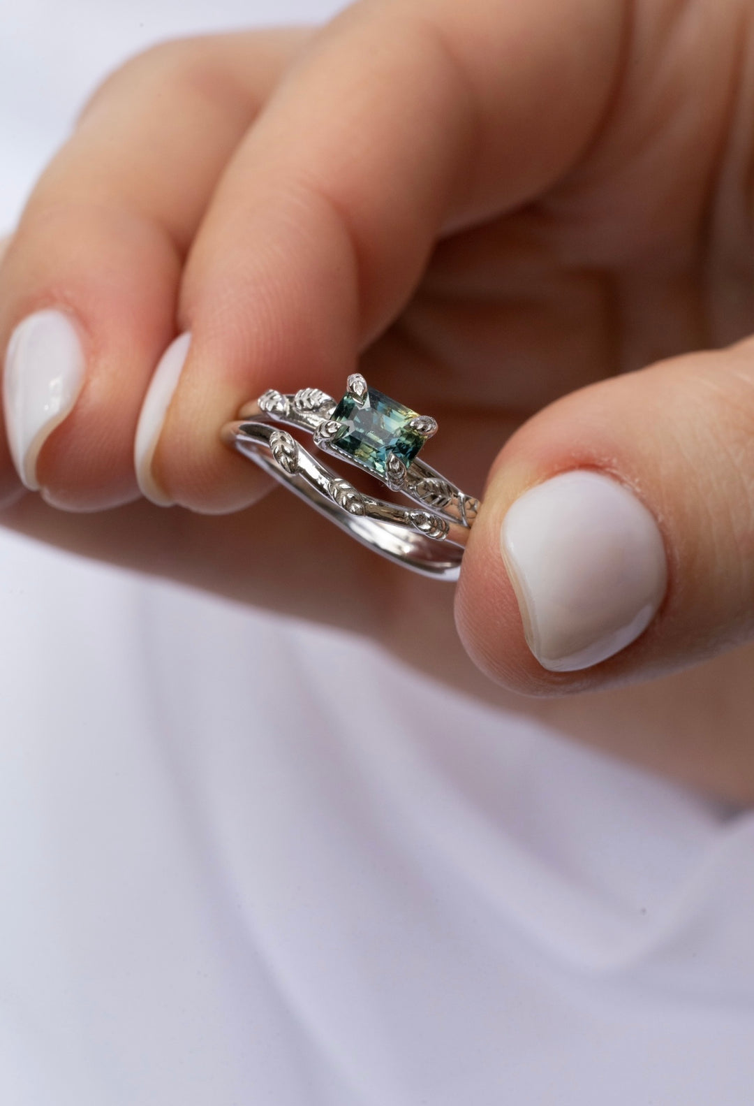 Nature Inspired Leaf Engagement Ring Set with Teal Green Sapphire 14K White Gold