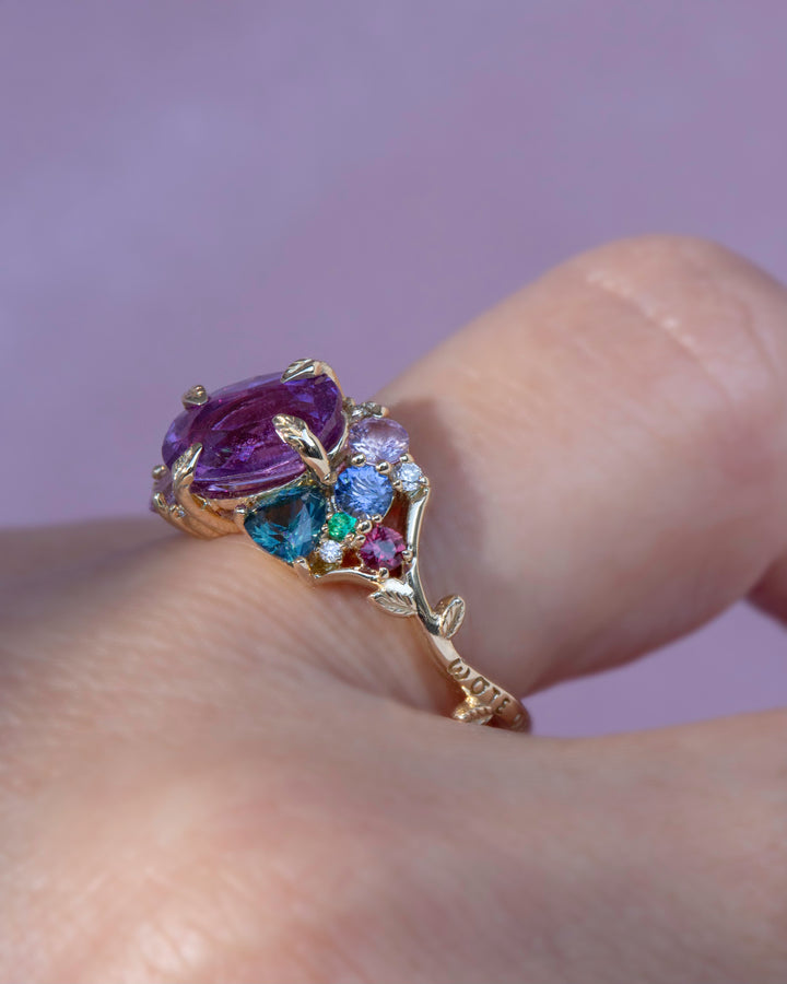 “Tara” Purple Sapphire Cluster Ring 14K Rose Gold,Tsavorite Garnet Ring,Floral Engagement Ring