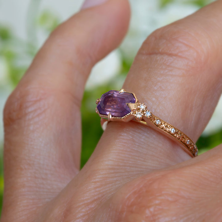 Emerald Cut Opalescent Pink Sapphire Floral Engagement Ring – Hand Carved Nature Inspired Ring 14K Gold