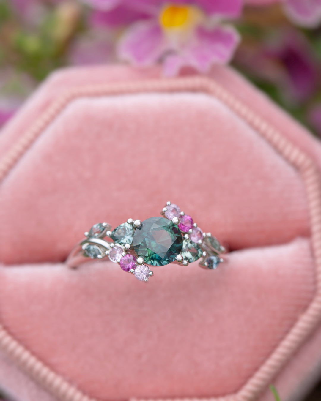 “Enchanted Garden” Ring,Teal Green Sapphire Floral Cluster Engagement Ring 14K Gold