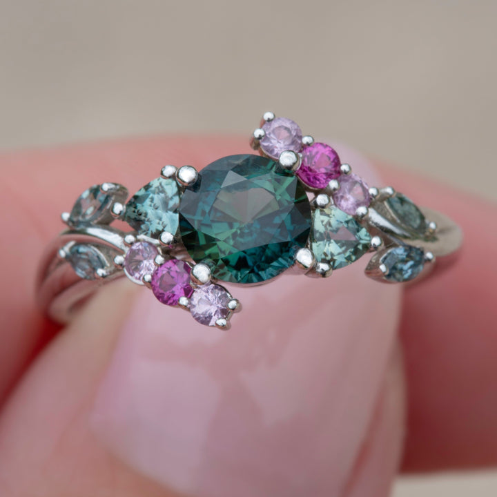 “Enchanted Garden” Ring,Teal Green Sapphire Floral Cluster Engagement Ring 14K Gold