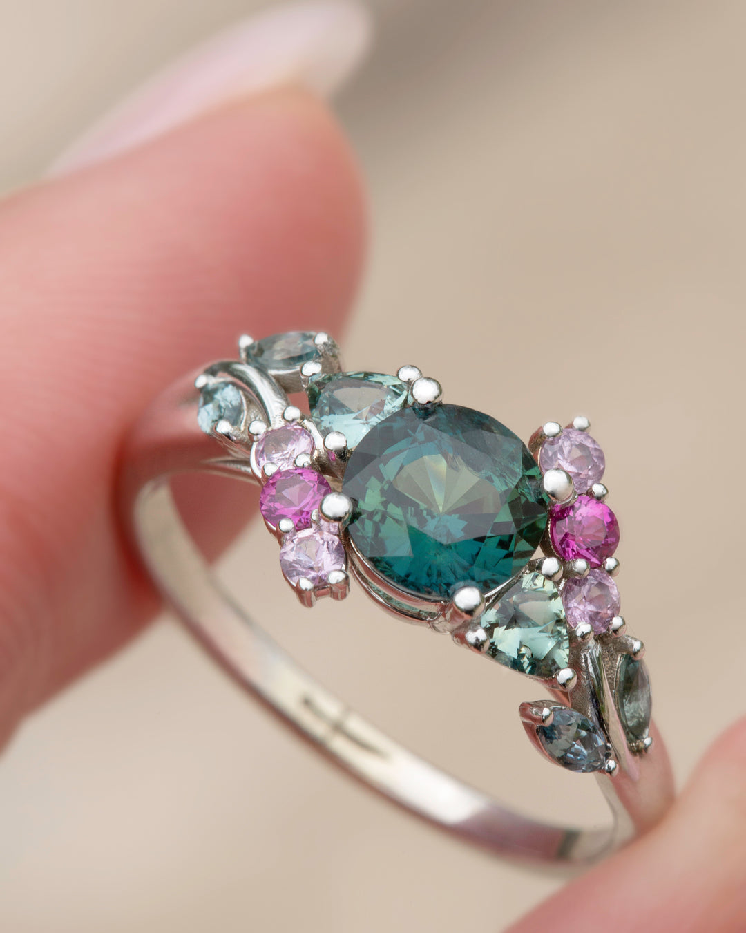 “Enchanted Garden” Ring,Teal Green Sapphire Floral Cluster Engagement Ring 14K Gold