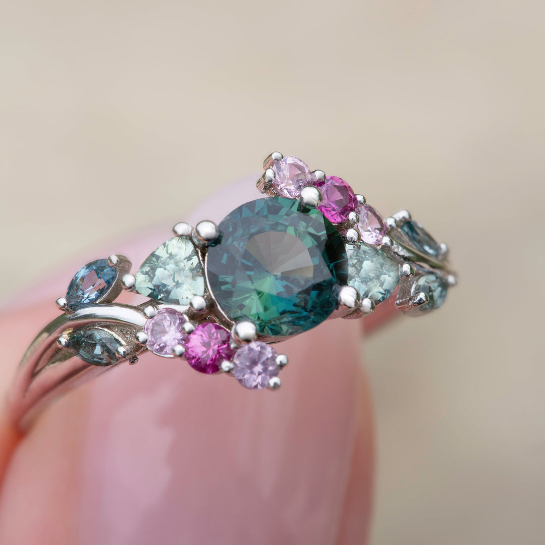 “Enchanted Garden” Ring,Teal Green Sapphire Floral Cluster Engagement Ring 14K Gold