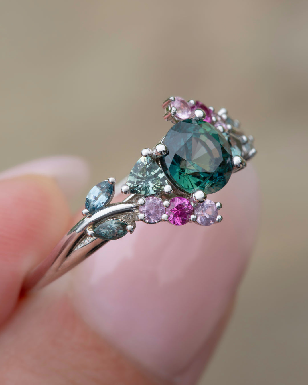 “Enchanted Garden” Ring,Teal Green Sapphire Floral Cluster Engagement Ring 14K Gold