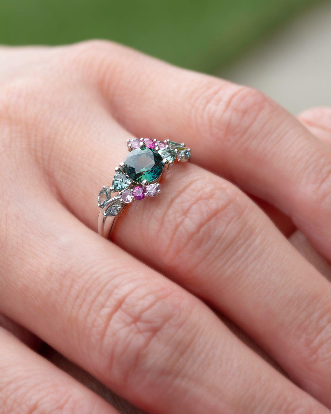 “Enchanted Garden” Ring,Teal Green Sapphire Floral Cluster Engagement Ring 14K Gold