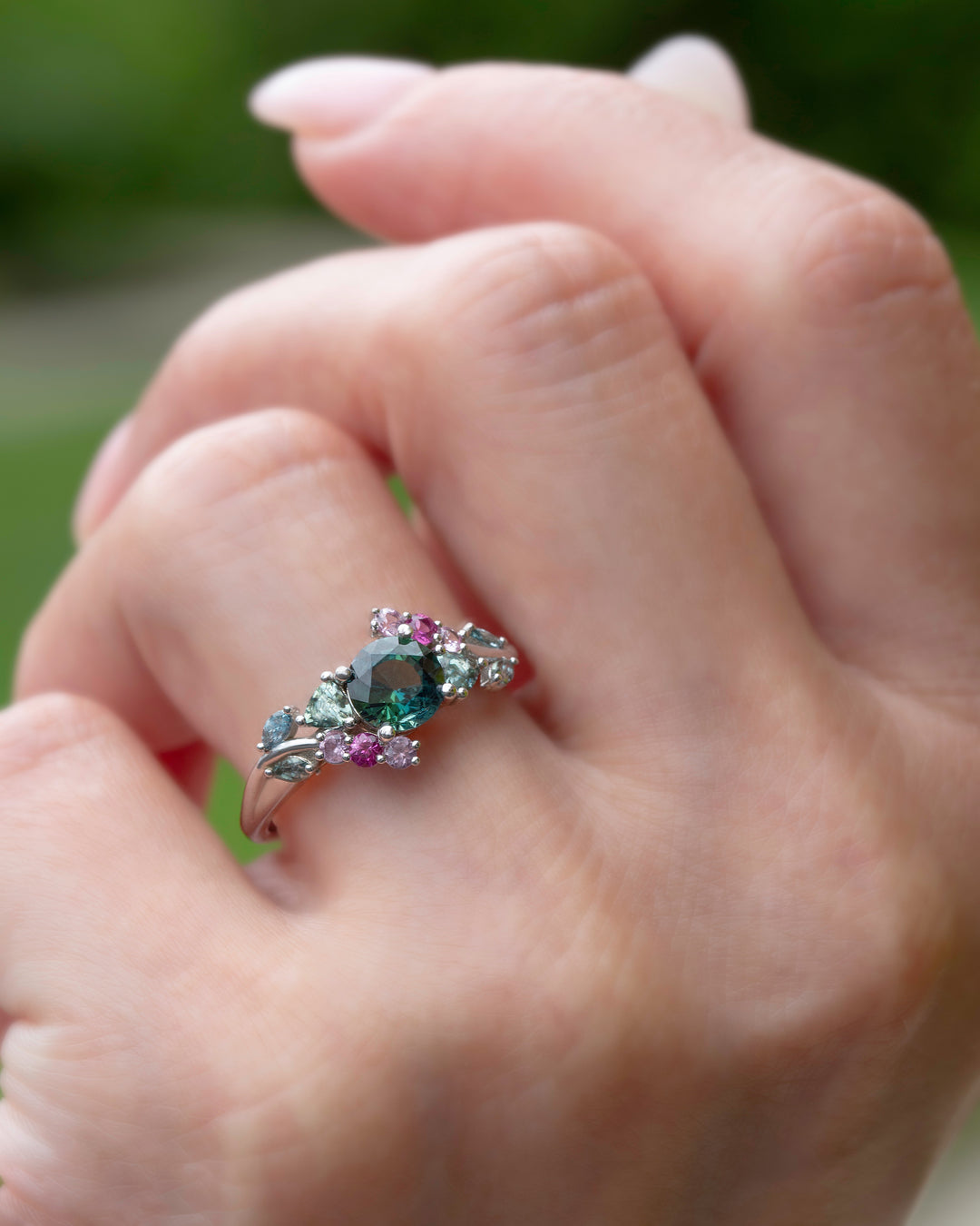 “Enchanted Garden” Ring,Teal Green Sapphire Floral Cluster Engagement Ring 14K Gold