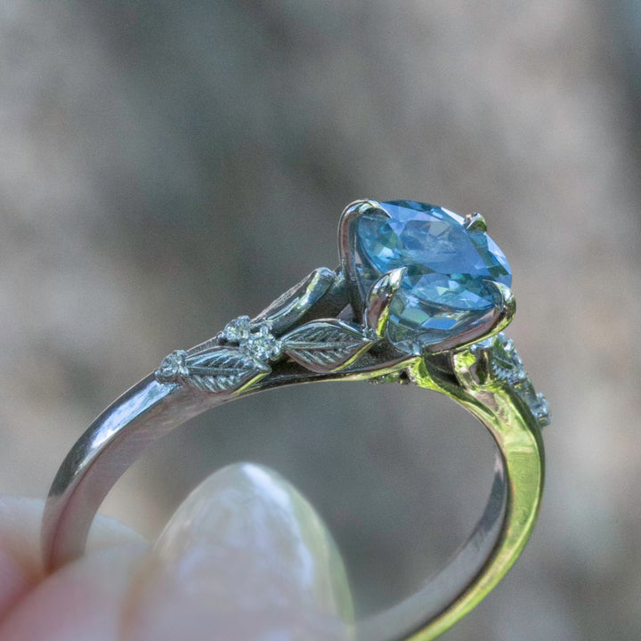 Leaf Engagement Ring w/ Aqua Blue Sapphire and Diamonds 14K Gold